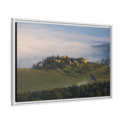 Tuscan Landscape Wall Art, Foggy Sunrise Tuscany Print, Framed Canvas Italy Vineyard Decor