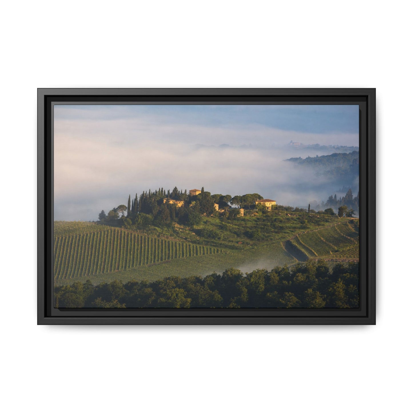 Tuscan Landscape Wall Art, Foggy Sunrise Tuscany Print, Framed Canvas Italy Vineyard Decor