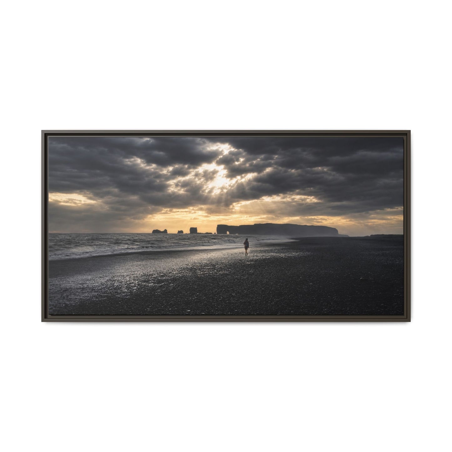 Stormy Iceland Black Sand Beach Wall Art, Panoramic Framed Canvas Print, Moody Nordic Coastal Decor