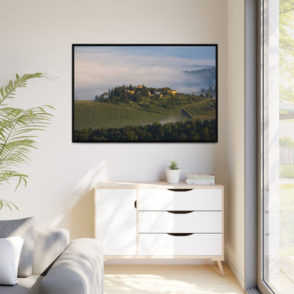 Tuscan Landscape Wall Art, Foggy Sunrise Tuscany Print, Framed Canvas Italy Vineyard Decor
