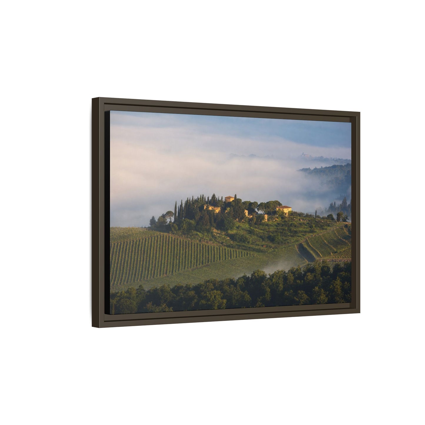 Tuscan Landscape Wall Art, Foggy Sunrise Tuscany Print, Framed Canvas Italy Vineyard Decor