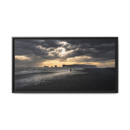 Stormy Iceland Black Sand Beach Wall Art, Panoramic Framed Canvas Print, Moody Nordic Coastal Decor