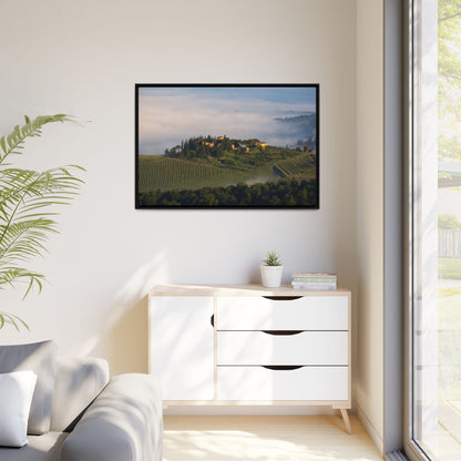 Tuscan Landscape Wall Art, Foggy Sunrise Tuscany Print, Framed Canvas Italy Vineyard Decor