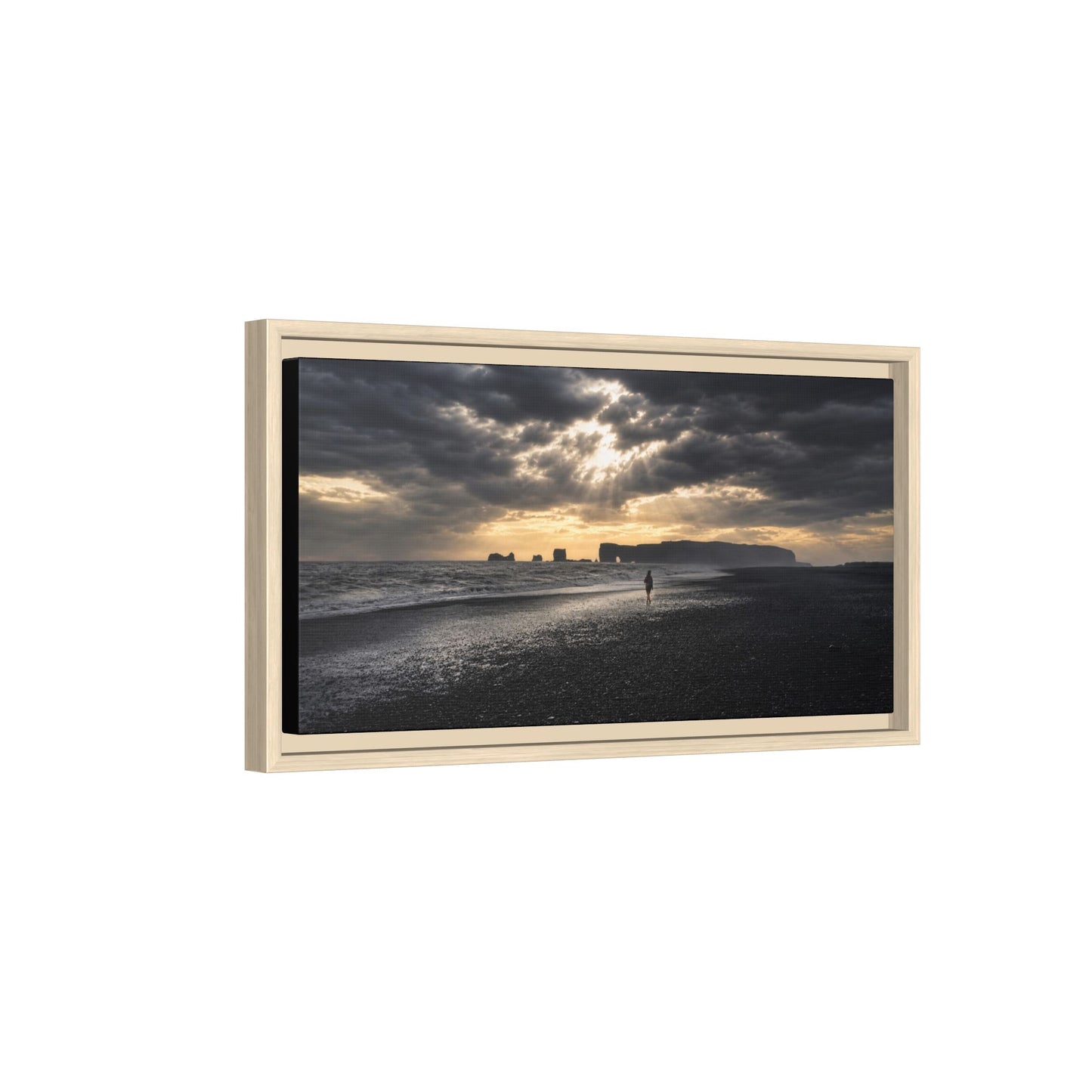 Stormy Iceland Black Sand Beach Wall Art, Panoramic Framed Canvas Print, Moody Nordic Coastal Decor