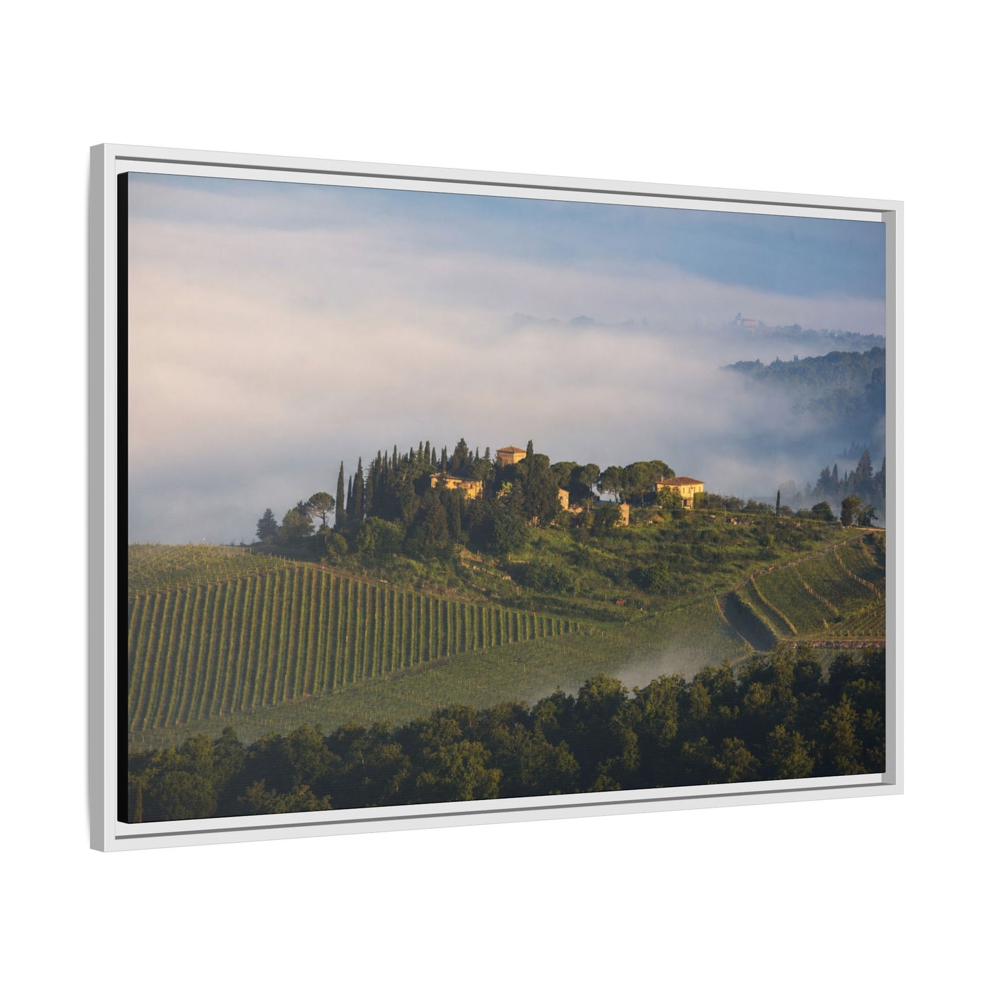 Tuscan Landscape Wall Art, Foggy Sunrise Tuscany Print, Framed Canvas Italy Vineyard Decor