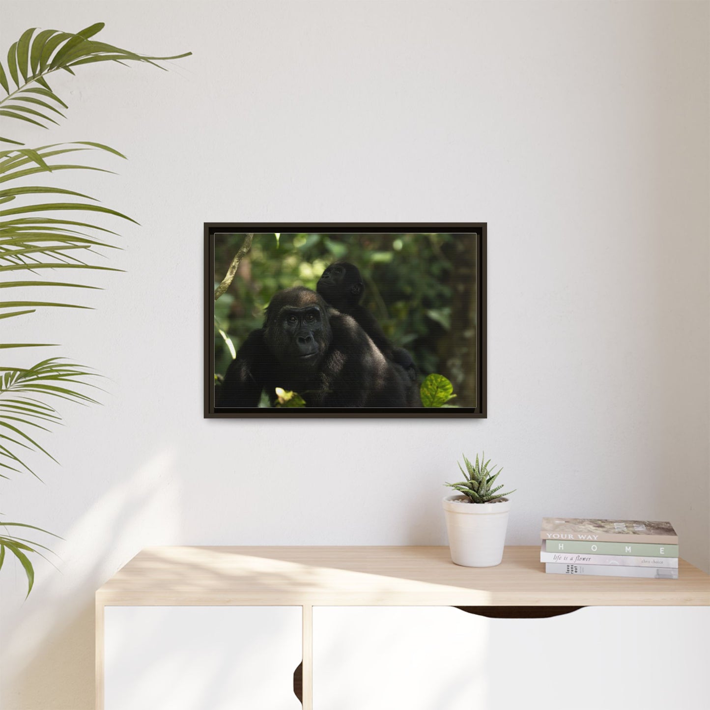 Gorilla Mother and Baby Wall Art, Gabon Wildlife Photo, African Forest Espresso Framed Canvas Print